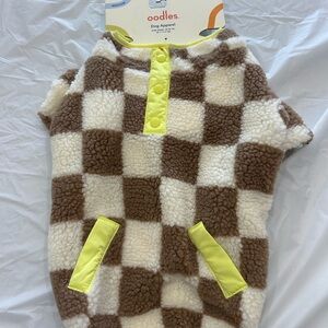 Oodles Checkerboard Sherpa Dog Pullover - Brown & Cream with Neon Accents
